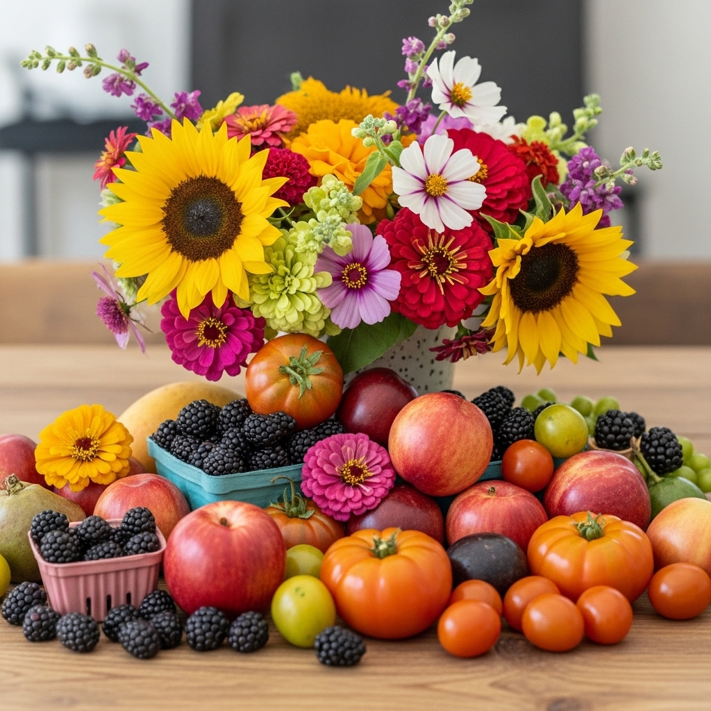 Colorful seasonal organic fruits and fresh-cut flowers from Sejakgomo Farm