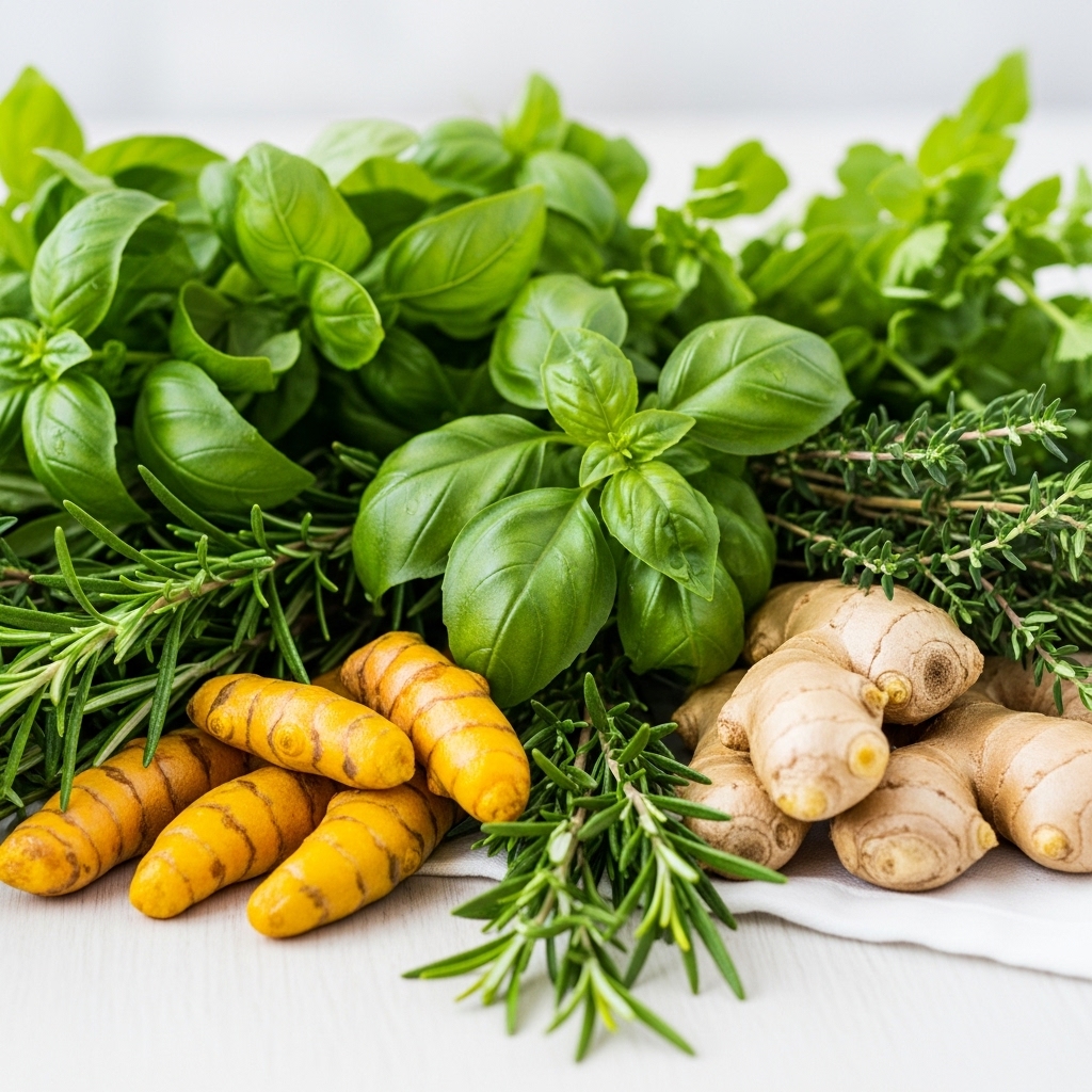 Fresh organic herbs and specialty crops including turmeric and ginger from Sejakgomo Farm