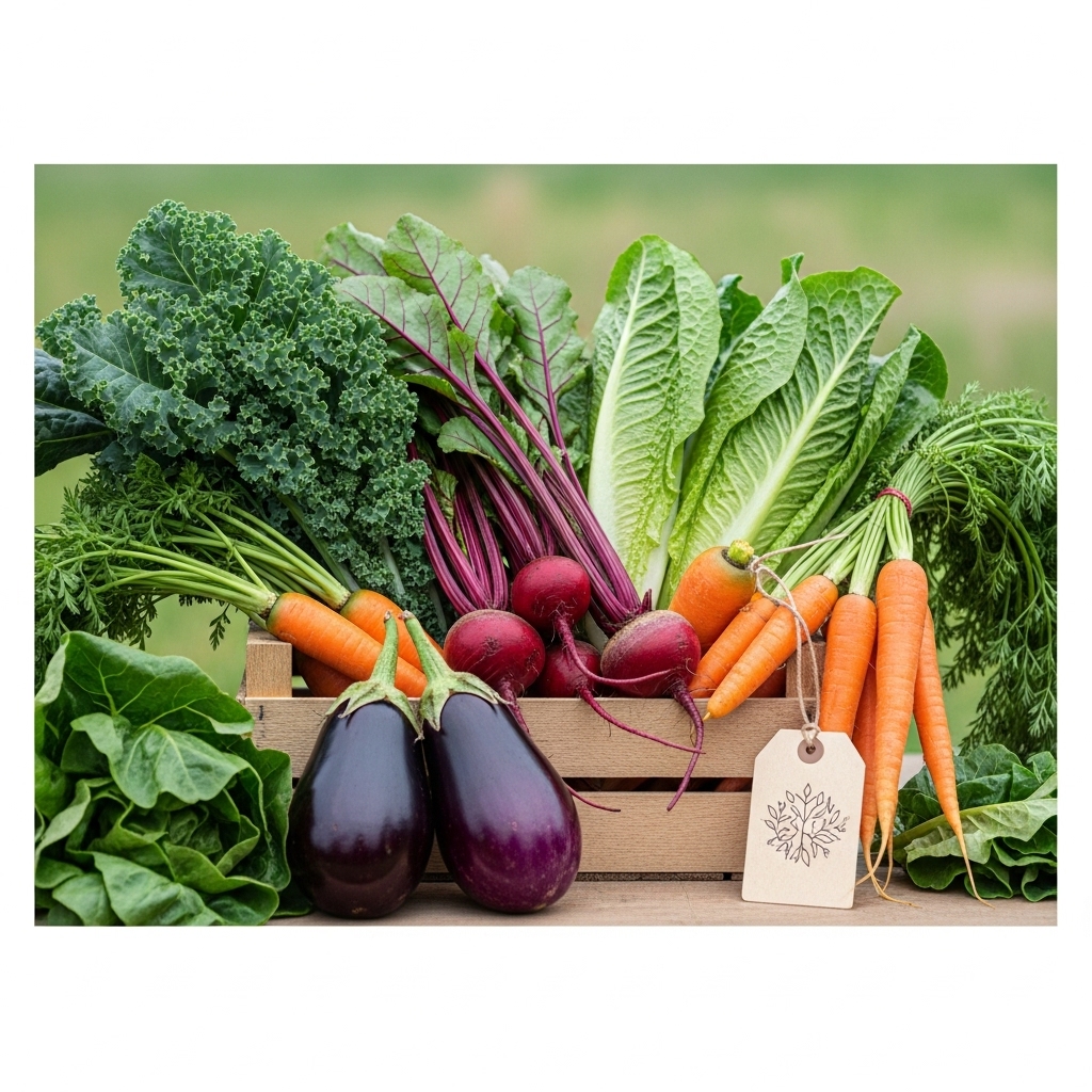Fresh organic vegetables including leafy greens, root vegetables, and seasonal produce from Sejakgomo Farm