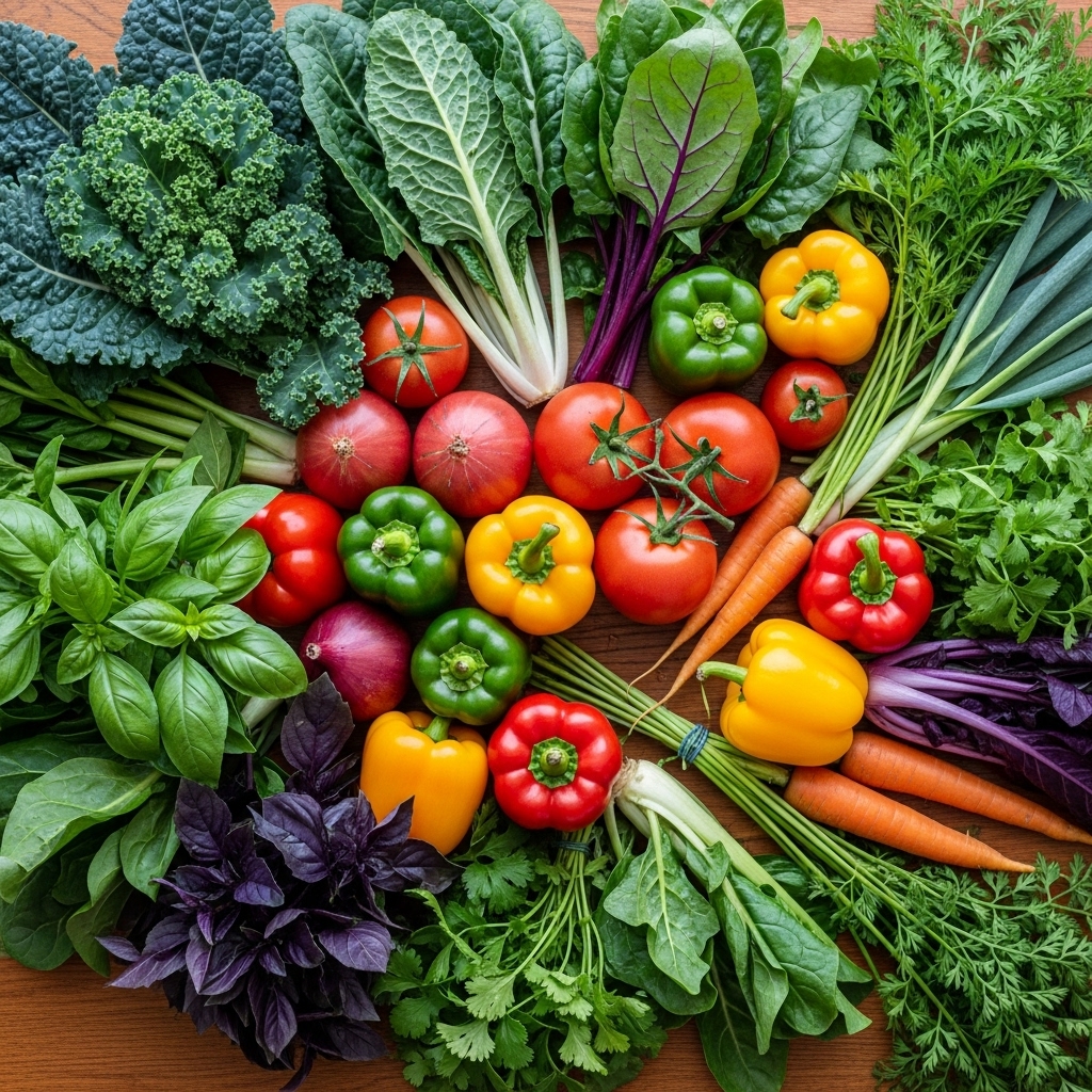 Fresh organic produce from Sejakgomo Farm including vibrant vegetables, herbs, and farm-fresh flowers